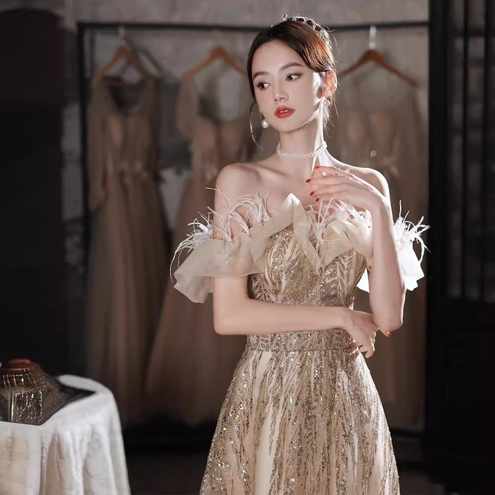 Evening Dress for Women New High Sense Banquet Performance Birthday Champagne Light Luxury Minority Host Dress
