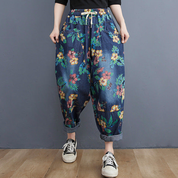 Fall 2025 Vintage Printed Casual Slimming Loose Elastic Waistband Lace-up Plump Girls Washed Jeans Harem Pants for Women