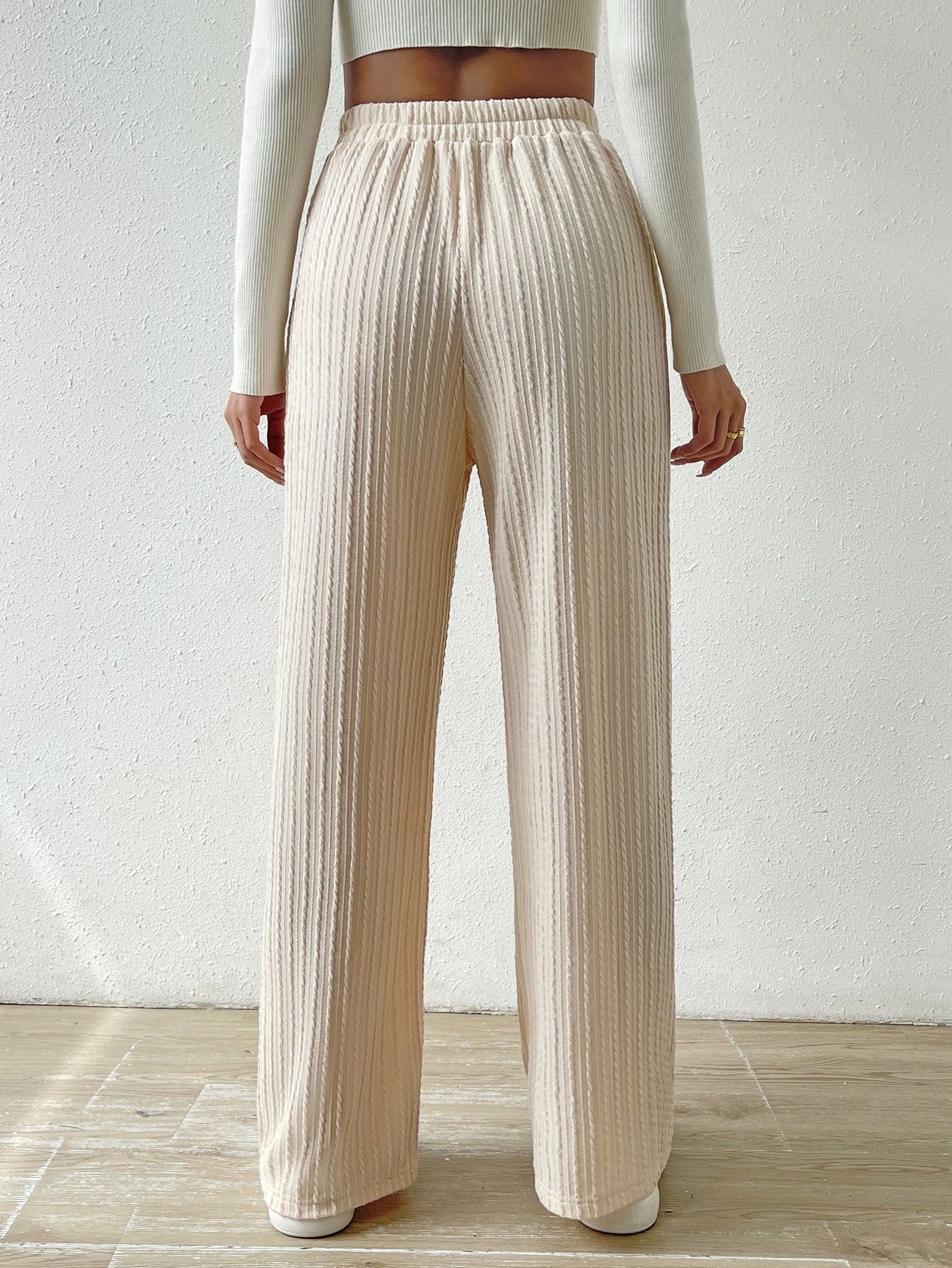 Antmvs HOTan and NEWn New Knot Waist Texture Knitted Wide Leg Trousers Elastic High Waist Pure Color Casual Loose Straight Women's Clothing
