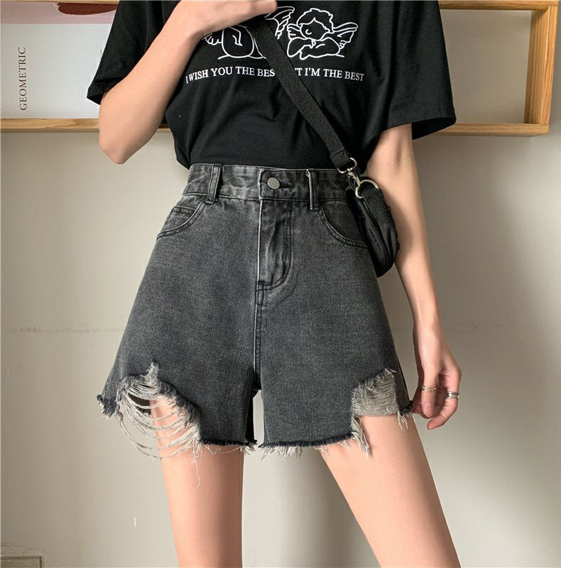 Antmvs Black Jeans Shorts for Women Summer New Korean Style Ripped High Waist Slimming Hot Pants Hot Girl Wide-Leg Pants