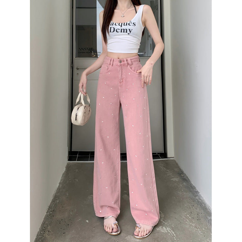 Real Shot Rhinestone Multi-Color Wide Leg Jeans for Women 2025 Spring and Summer New High Waist Straight Loose Draggle-Tail Trousers Tide