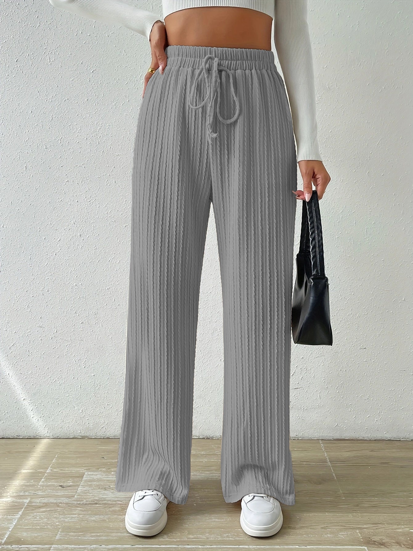 Antmvs HOTan and NEWn New Knot Waist Texture Knitted Wide Leg Trousers Elastic High Waist Pure Color Casual Loose Straight Women's Clothing