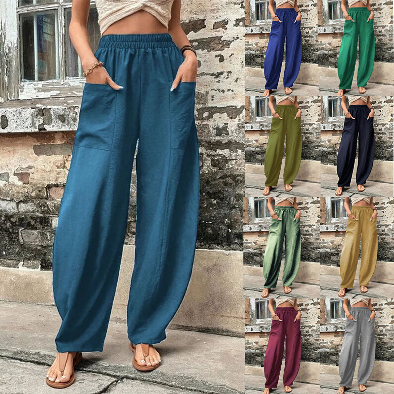 Antmvs Wish Independent Station Cross-Border Hot Women's Pants Solid Color Pocket Women's Casual Trousers Trousers with an Elasticated Waist Trousers