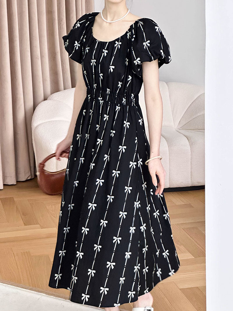 2025 popular spring and summer new dress women's Korean bow print high waist temperament waist long dress 86115