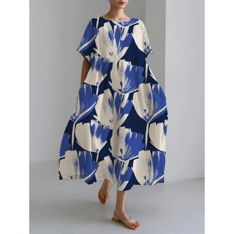 ANTMVS Cross-Border Summer New European and American Women's Clothing Loose round Neck Fashion Advanced Short Sleeve 3D Printing Dress