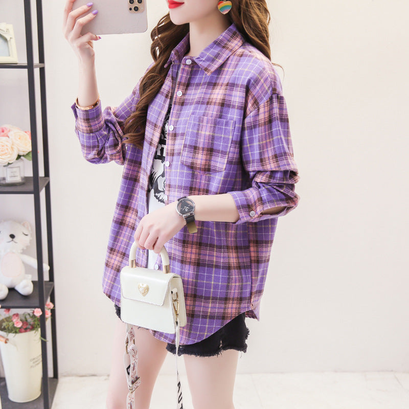 ANTMVS Plaid Shirt Women's Loose Long Sleeve Spring and Autumn Style Versatile Casual Student Spring and Autumn plus Size Korean Style Shirt Coat Cotton