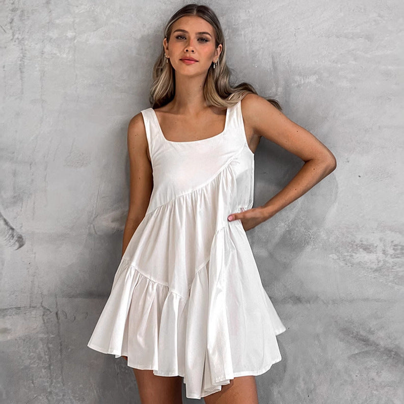 2025 spring and summer new white polyester-cotton pullover square collar dress fashionable New wholesale vacation short skirt women