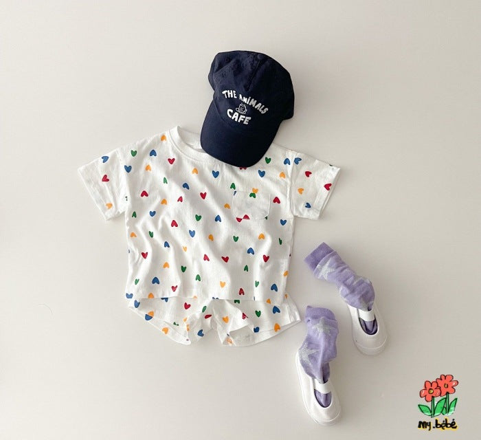 ANTMVS Korean Style Infant Refreshing Comfortable Short Sleeve Suit Ins Style Summer Love Plaid Casual T-shirt Shorts Two-Piece Set