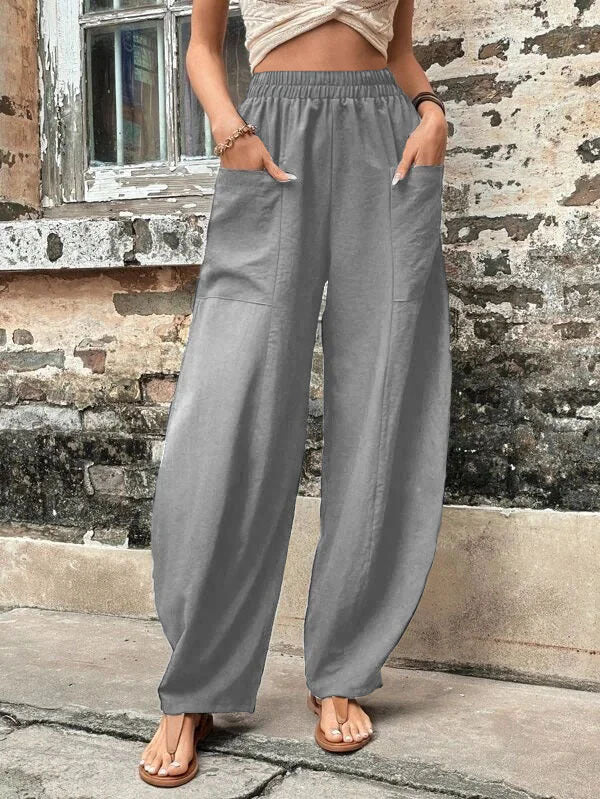 Antmvs Wish Independent Station Cross-Border Hot Women's Pants Solid Color Pocket Women's Casual Trousers Trousers with an Elasticated Waist Trousers