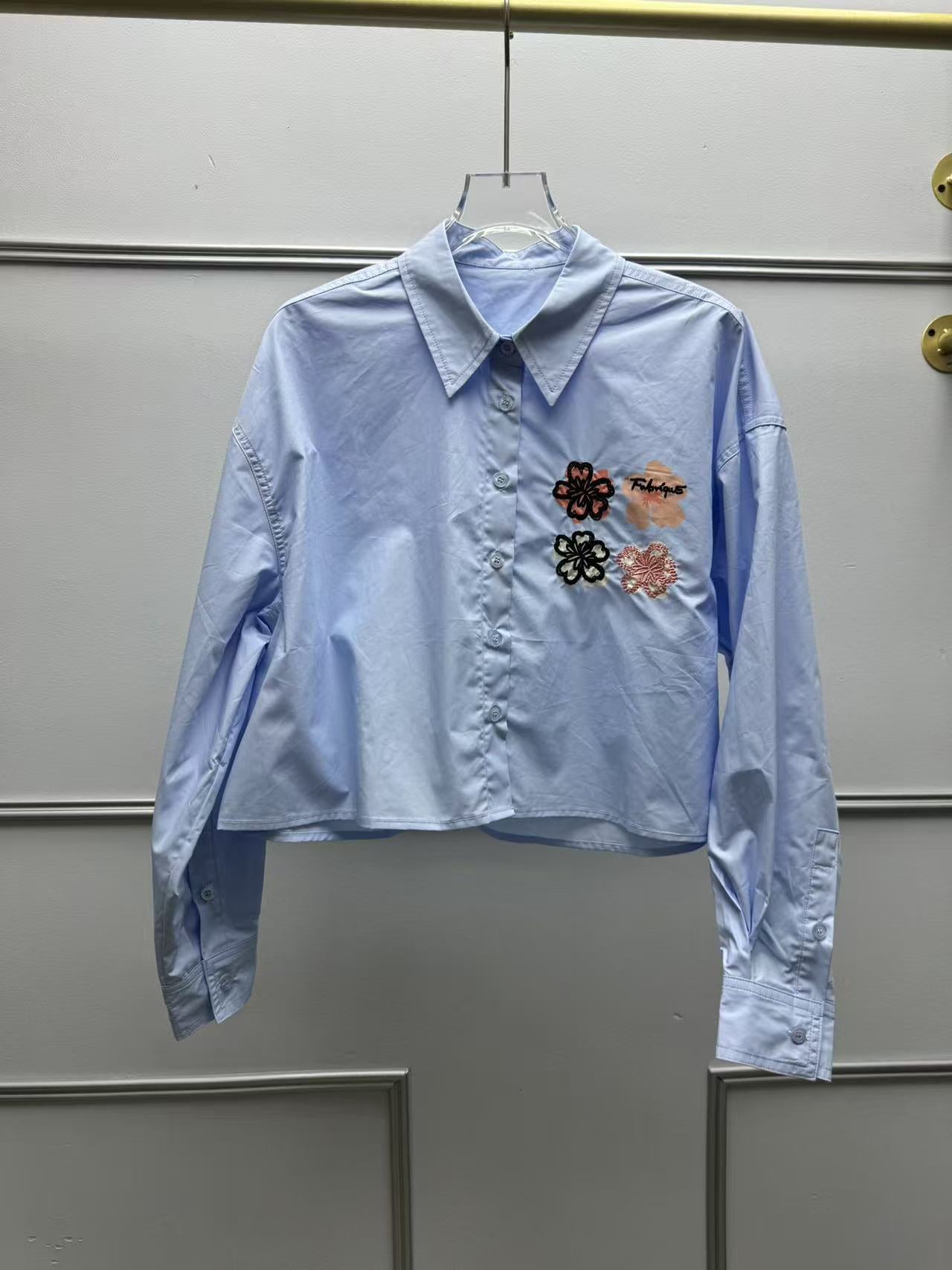 2025 niche women's clothing new blue flower embroidered lapel shirt loose casual long-sleeved cotton top
