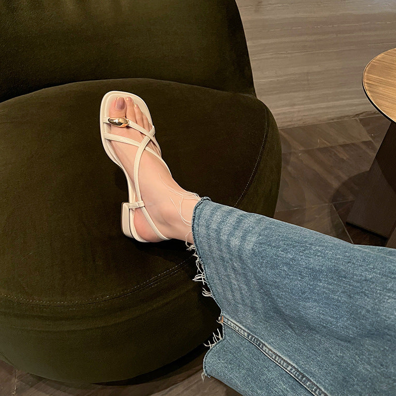 ANTMVS Sheepskin Chunky Heel Flip-Flops for Women Summer New Ankle-Strap Open Toe Roman Shoes