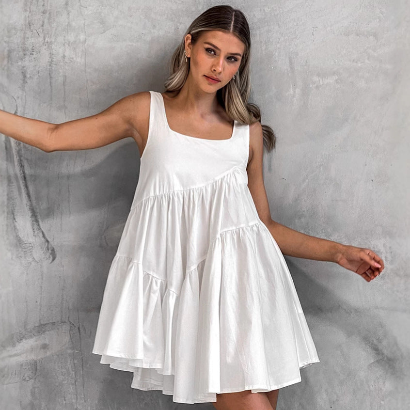 2025 spring and summer new white polyester-cotton pullover square collar dress fashionable New wholesale vacation short skirt women