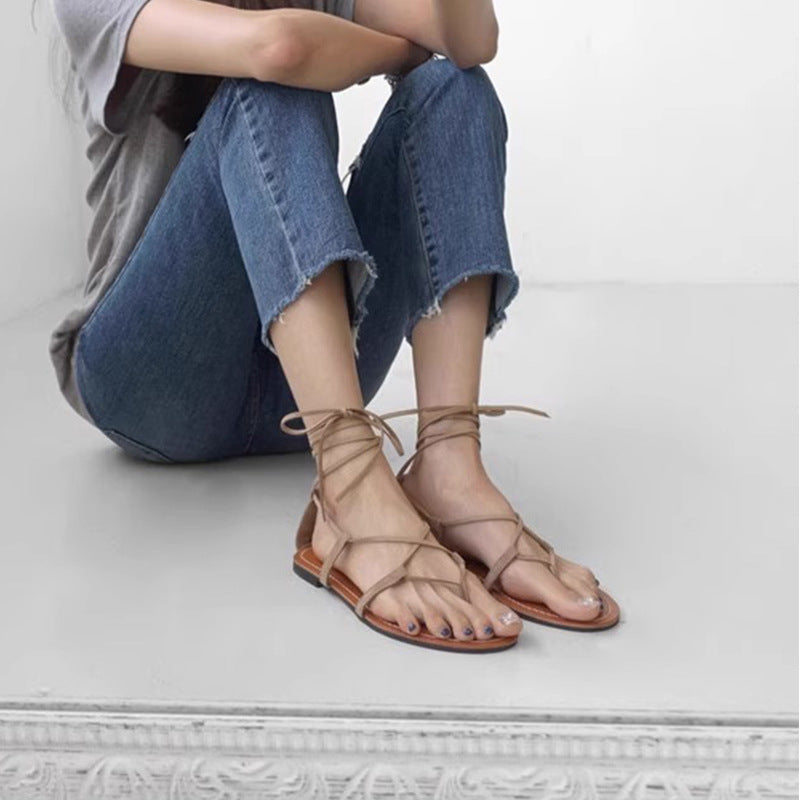 ANTMVS Sheepskin Soft Bottom Sandals Women's Summer Korean Roman Shoes Thailand Seaside Bohemian Beach Flat Shoes