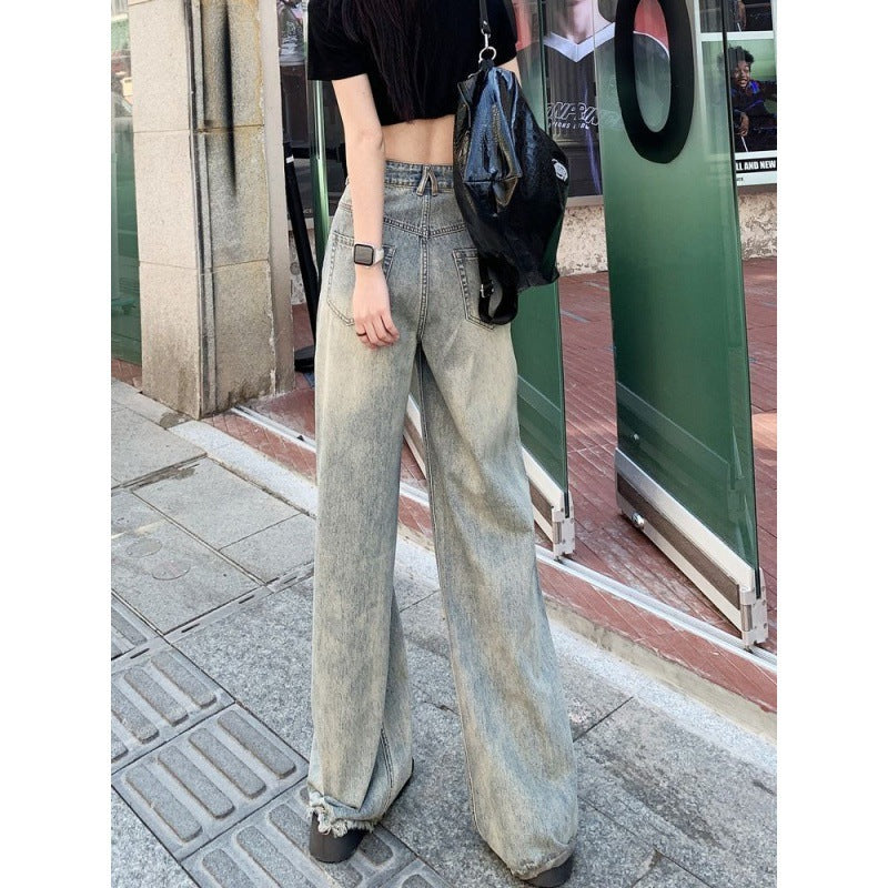 Antmvs Tiktok Same Style Raw Hem Wide Legs Jeans for Women Spring/Summer Loose Straight High Waist Slimming Drape Mop Pants