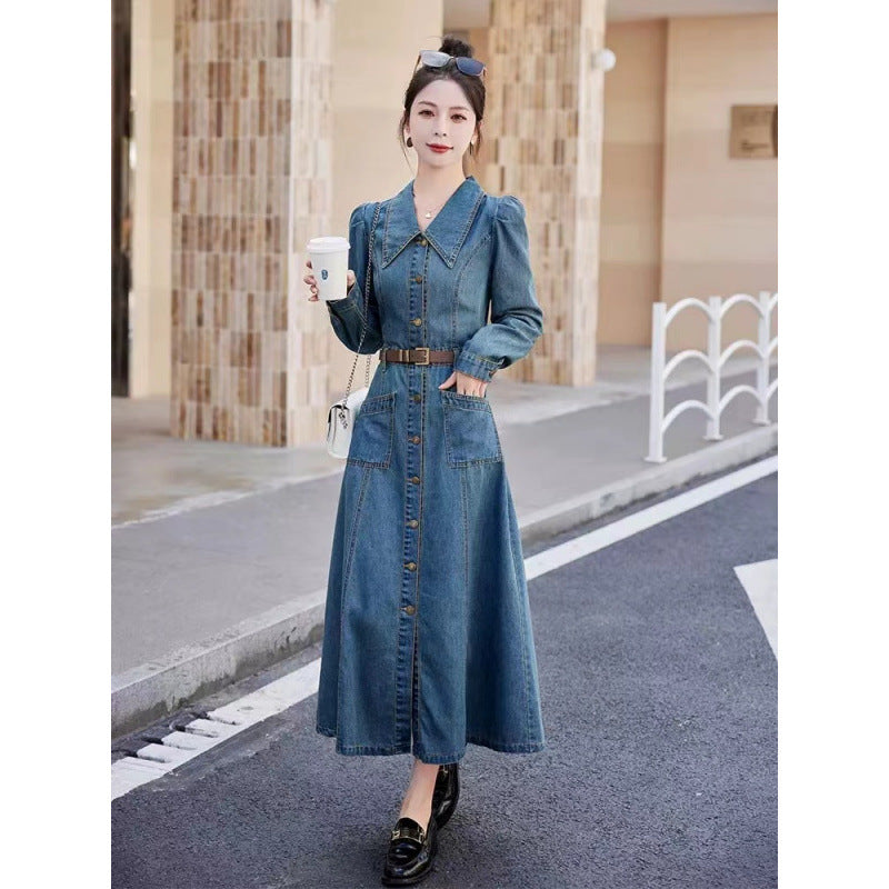 2025 Hong Kong-style retro shawl denim dress women's early autumn new niche chic waist thin medium and long skirt
