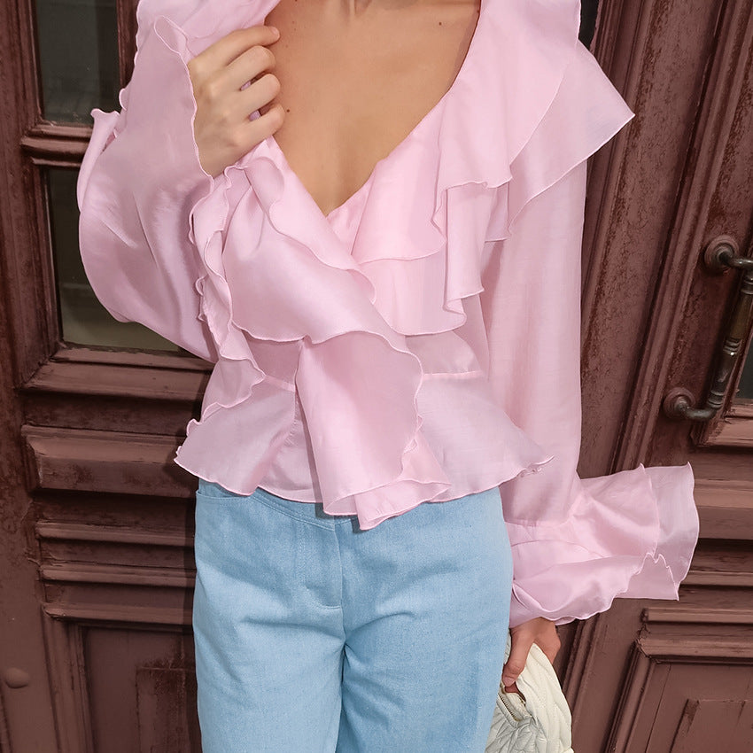 2025 Summer charm pink chiffon sunscreen temperament cascade ruffle edge V-neck horn sleeve short women's shirt