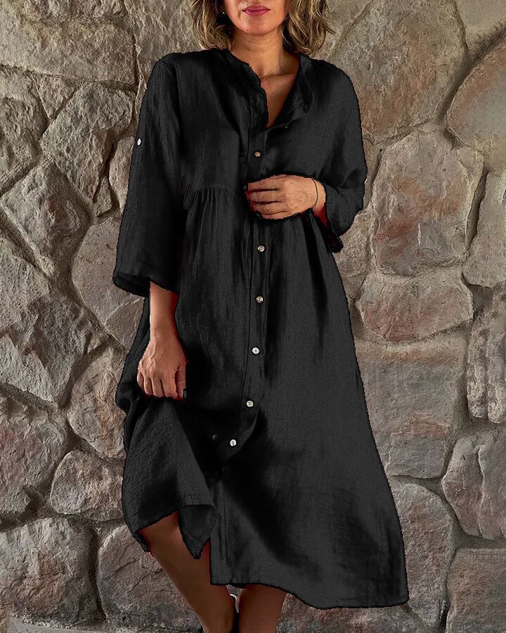 ANTMVS Cross-Border Women's Clothing New Cotton and Linen European and American Solid Color Casual Button Length Dress Wholesale