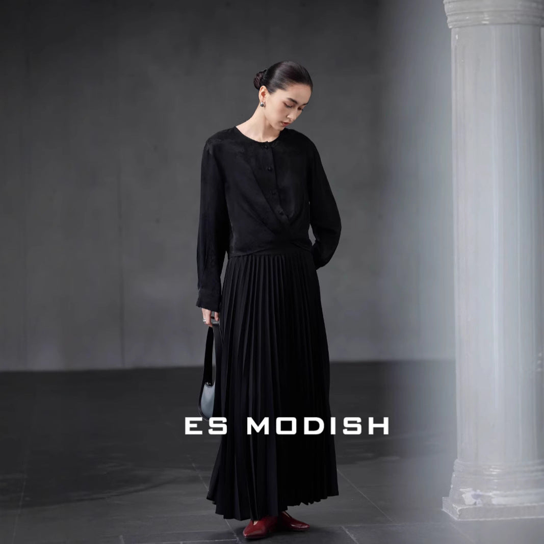 2025 ES MODISH Spring New National Style Jacquard Crew Neck Drawstring Shirt Lazy Casual Loose Top Girls