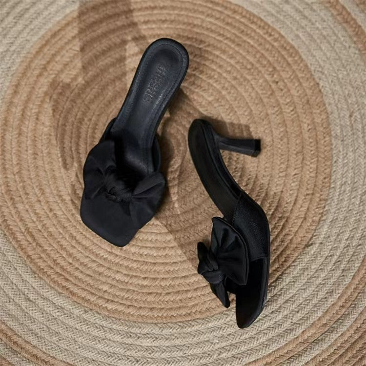 ANTMVS Women's Bow High Heels Summer Small Square Toe Outdoor Sandals Classy Stilettos Sexy Flip Flops