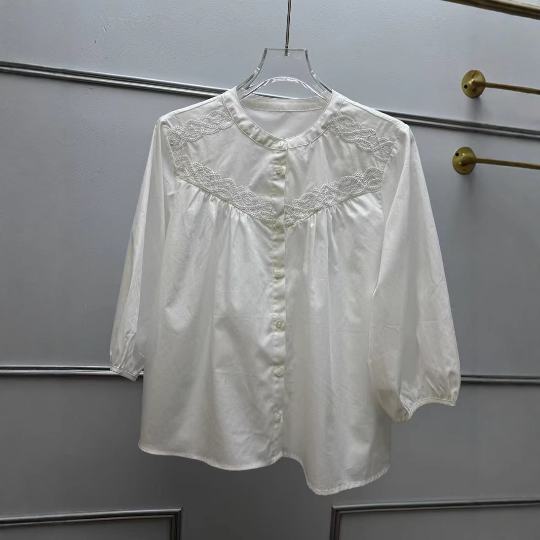 2025 spring cotton shirt women's doll dress beauty age reduction fresh hollow embroidered round neck cotton seven-quarter sleeve shirt