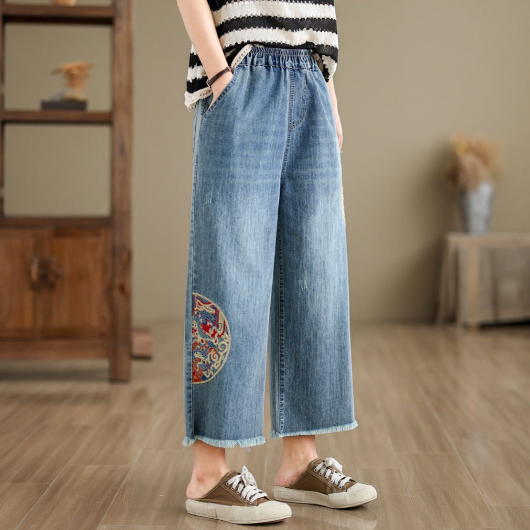 Jeans for Women 2025 Summer New Embroidered Crocheted Brushed High Waist Elastic Wide Leg Trousers All-Matching Trousers for Women