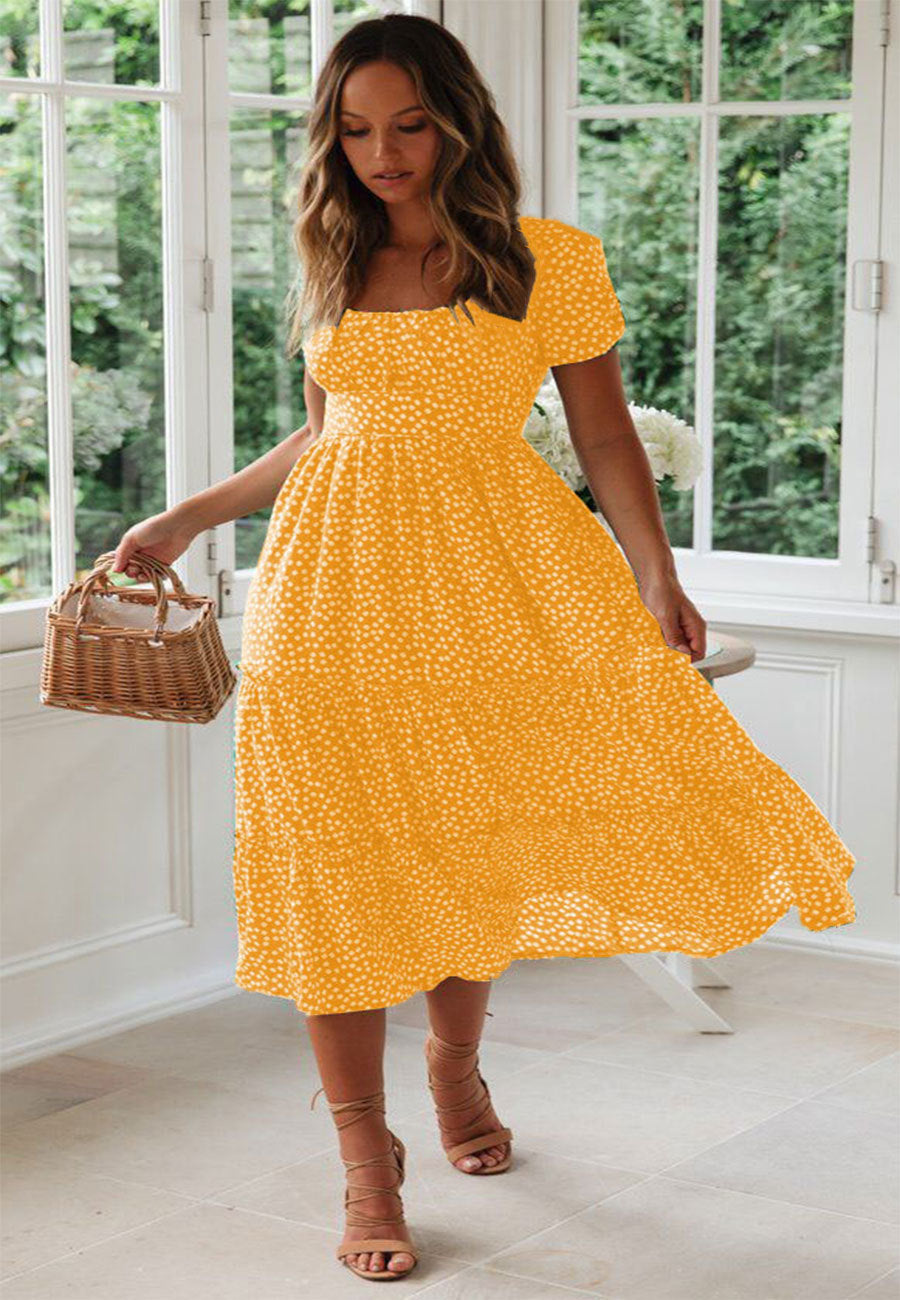 ANTMVS European and American New Wish Hot Square Collar Puff Sleeve Floral Dress Dress