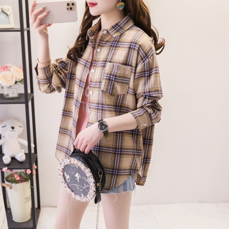 ANTMVS Plaid Shirt Women's Loose Long Sleeve Spring and Autumn Style Versatile Casual Student Spring and Autumn plus Size Korean Style Shirt Coat Cotton