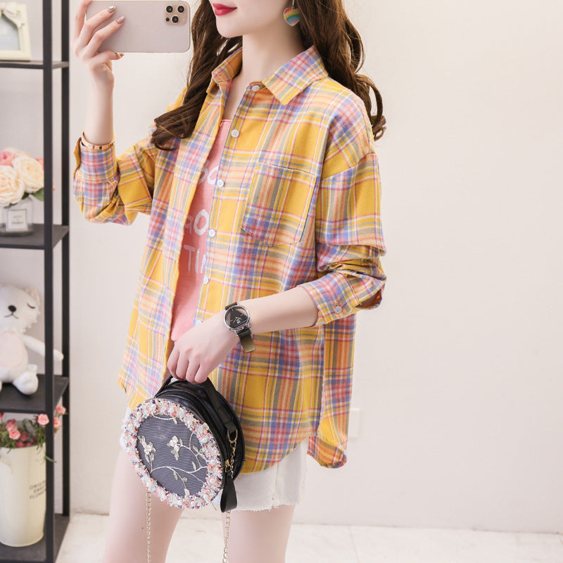 ANTMVS Plaid Shirt Women's Loose Long Sleeve Spring and Autumn Style Versatile Casual Student Spring and Autumn plus Size Korean Style Shirt Coat Cotton