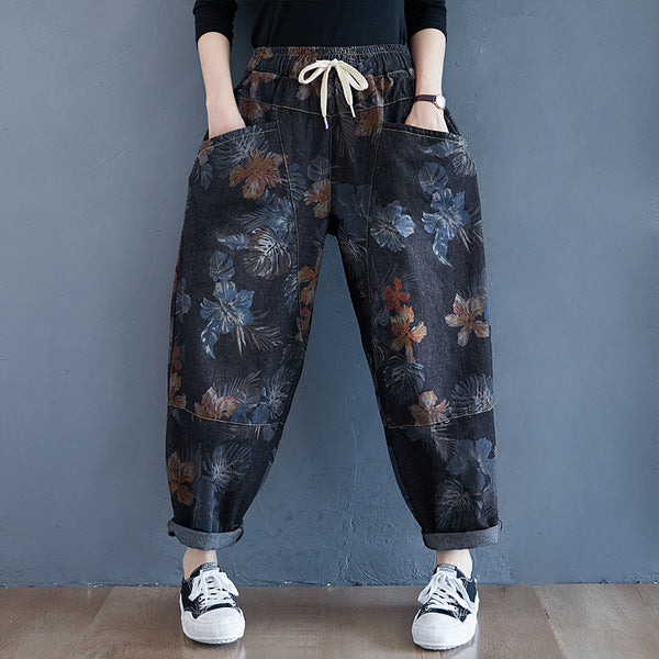 Fall 2025 Vintage Printed Casual Slimming Loose Elastic Waistband Lace-up Plump Girls Washed Jeans Harem Pants for Women