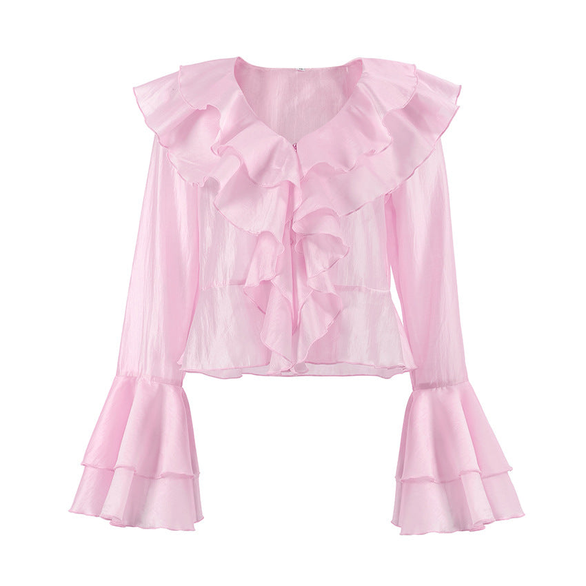 2025 Summer charm pink chiffon sunscreen temperament cascade ruffle edge V-neck horn sleeve short women's shirt