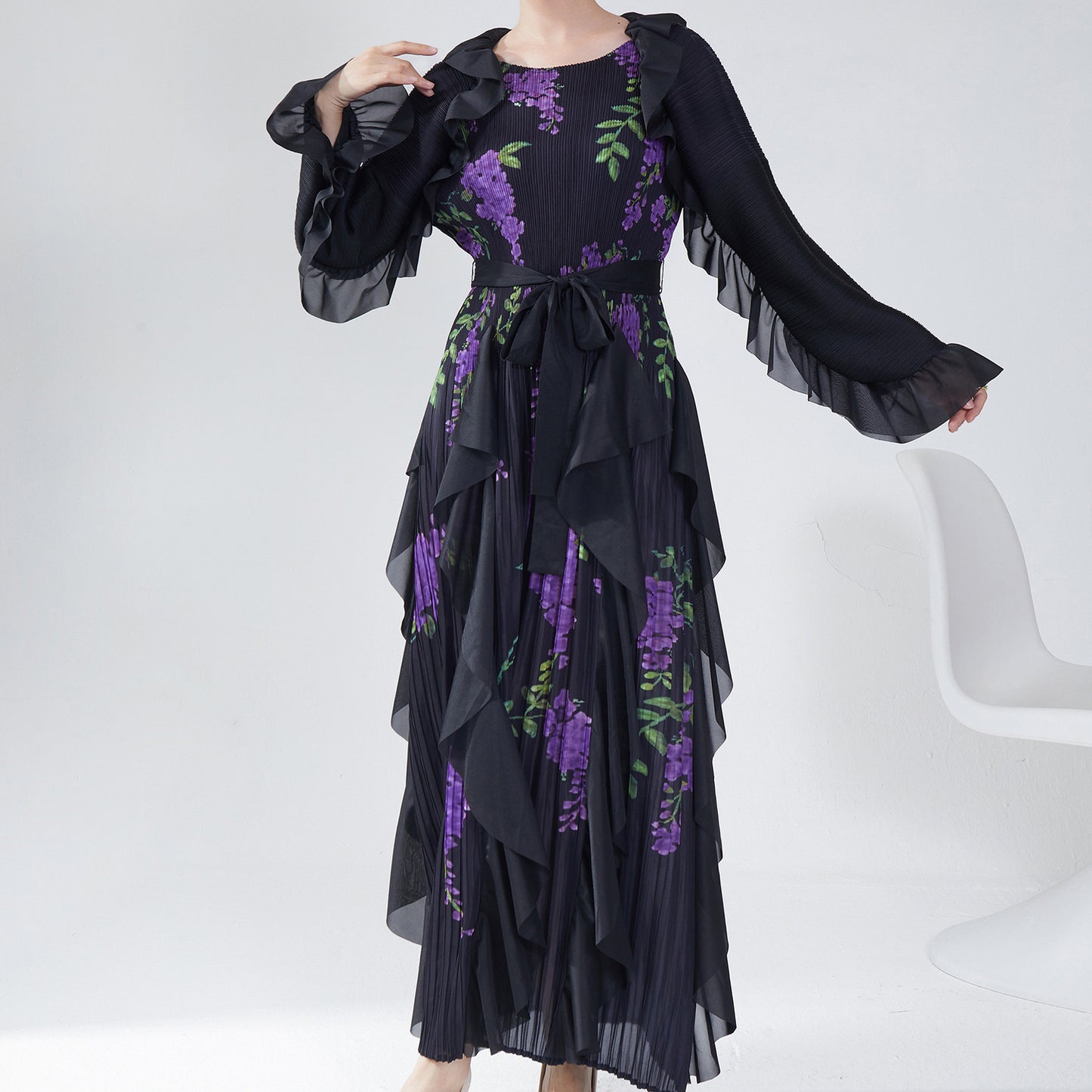 2025 Hot trade Sanzhai autumn dress high-end long-sleeved retro printing loose large size lace-up temperament elegant long dress