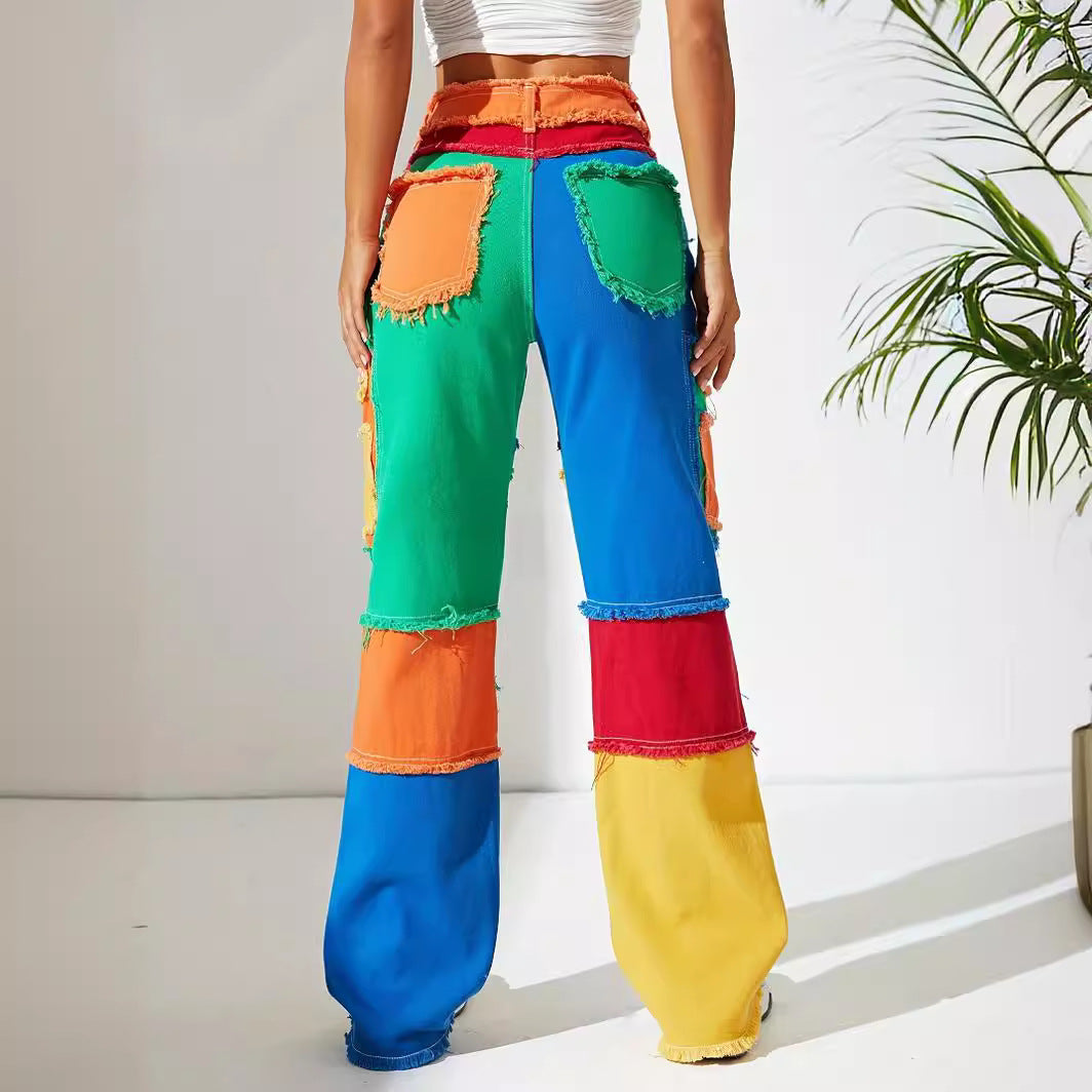 Autumn and Winter New Unique American Colorful Street Stitching Ins Frayed Hem All-Matching High Waist Loose Straight-Leg Denim Trousers for Women