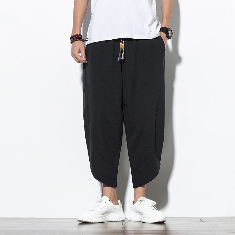 ANTMVS Summer Ice Silk Cropped Pants Men's Chinese Style Cotton Linen Casual Pants Trendy plus Size Loose Wide-Leg Knickerbockers Men
