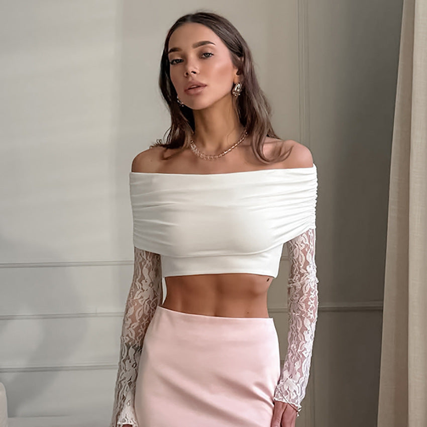 2025 spring and summer white fashion slim lace top new women's one-word shoulder long-sleeved T-shirt can be wholesale