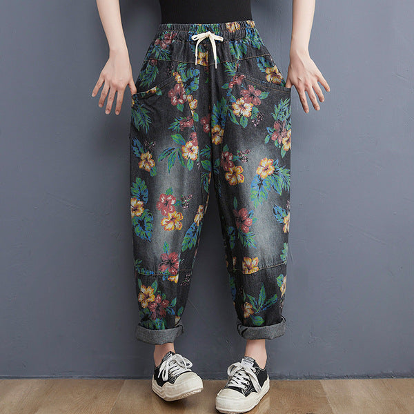 Fall 2025 Vintage Printed Casual Slimming Loose Elastic Waistband Lace-up Plump Girls Washed Jeans Harem Pants for Women