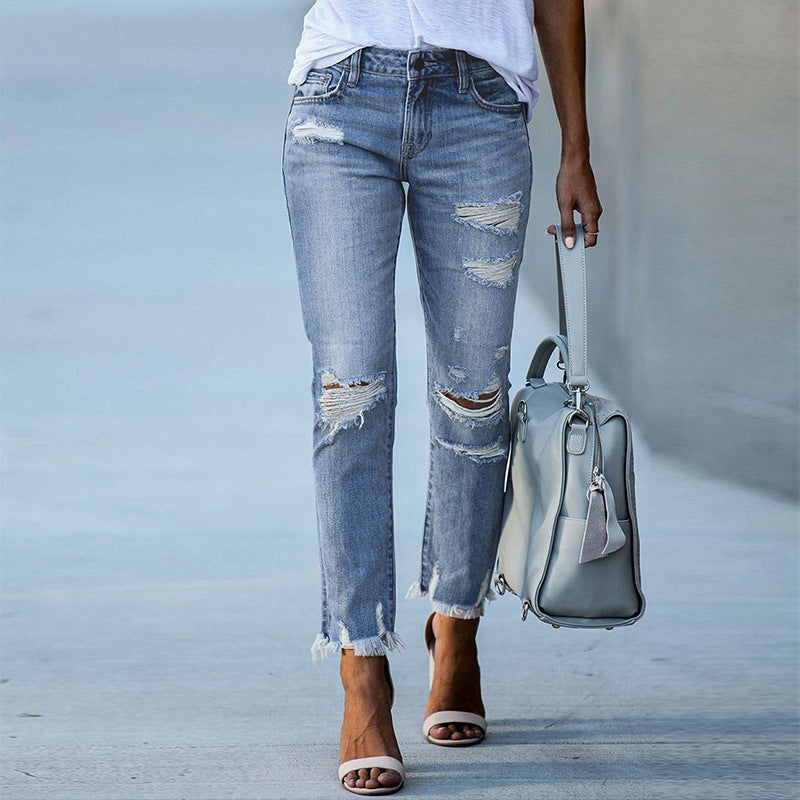 Direct Sales 2025 New Ripped Jeans Women's Fashion Temperament High Waist Slimming Ankle Tight Pants