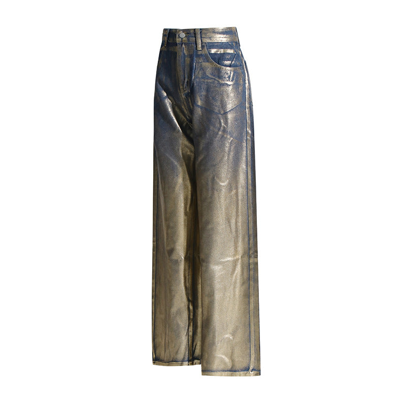 Spring 2025 European and American Fashion New Style Trendy Unique Design Bronzing High Waist Loose Wide Legs Casual Jeans for Women