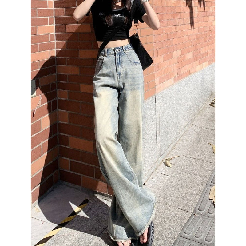 Antmvs Tiktok Same Style Raw Hem Wide Legs Jeans for Women Spring/Summer Loose Straight High Waist Slimming Drape Mop Pants