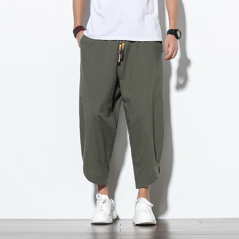 ANTMVS Summer Ice Silk Cropped Pants Men's Chinese Style Cotton Linen Casual Pants Trendy plus Size Loose Wide-Leg Knickerbockers Men