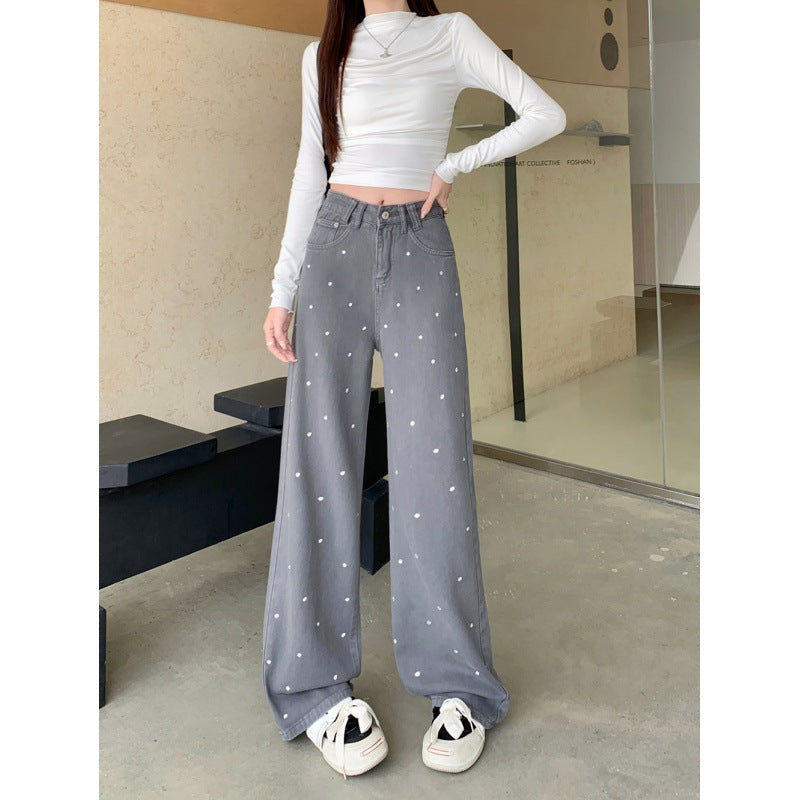 Real Shot Rhinestone Multi-Color Wide Leg Jeans for Women 2025 Spring and Summer New High Waist Straight Loose Draggle-Tail Trousers Tide