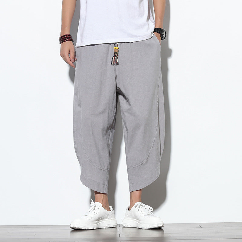 ANTMVS Summer Ice Silk Cropped Pants Men's Chinese Style Cotton Linen Casual Pants Trendy plus Size Loose Wide-Leg Knickerbockers Men
