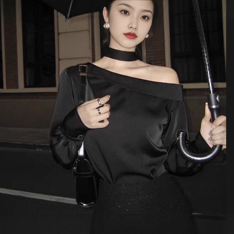 2025 temperament one-word collar off-shoulder long-sleeved top women's design sense niche irregular and thin satin shirt