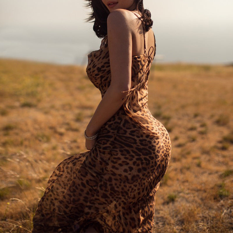 ANTMVS Wish Foreign Trade Summer New Sexy Sling Exposed Back Low Collar Dress Leopard Print Sleeveless Floor-Length Dress