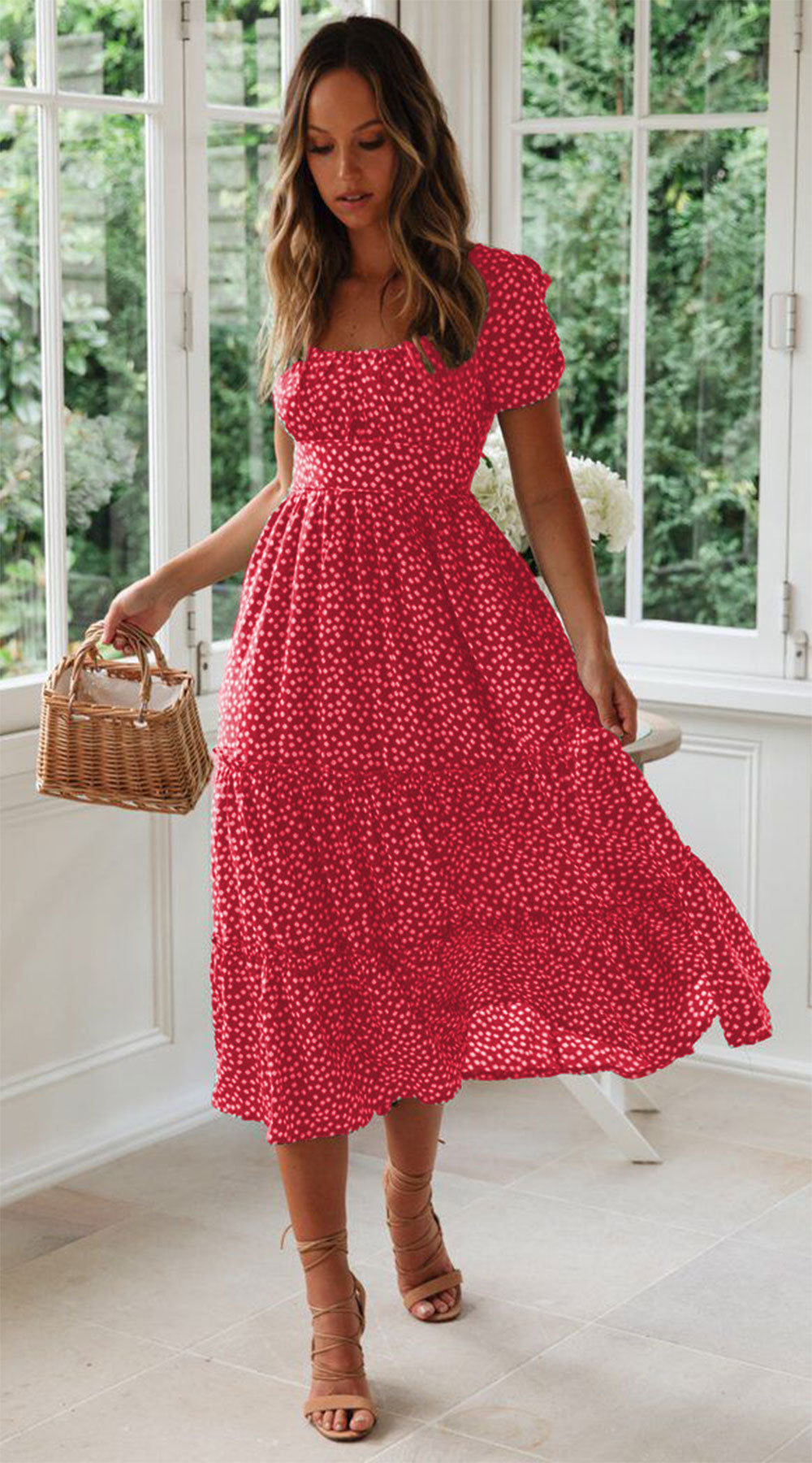 ANTMVS European and American New Wish Hot Square Collar Puff Sleeve Floral Dress Dress