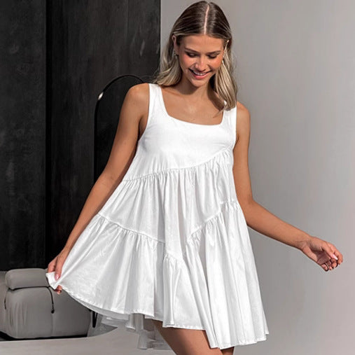 2025 spring and summer new white polyester-cotton pullover square collar dress fashionable New wholesale vacation short skirt women