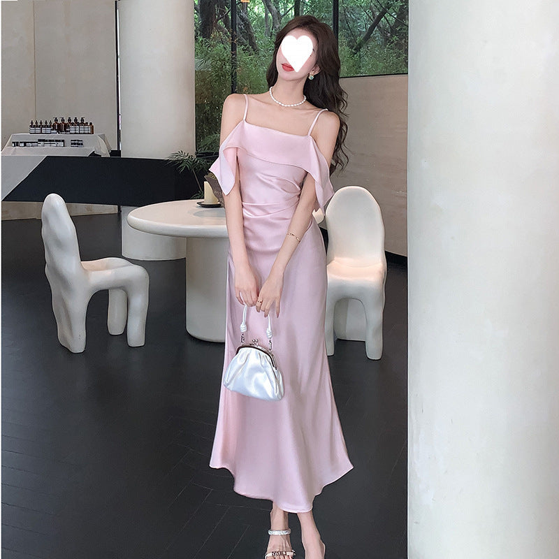 2025 spring and summer suspender one-word shoulder satin suspender dress women's pleated waist and thin fishtail dress