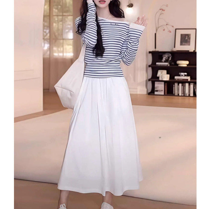 2025 New Striped Casual Spring Wear A Complete Set of High-end Super Hot Skirts Two-piece Suit Women's