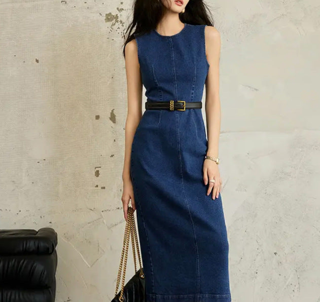 2025 Popularan Station Crew Neck Sleeveless Slim Hip Wrap Denim Dress Spring and Summer New Medium and Long Dress