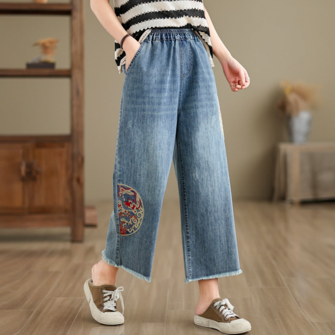 Jeans for Women 2025 Summer New Embroidered Crocheted Brushed High Waist Elastic Wide Leg Trousers All-Matching Trousers for Women