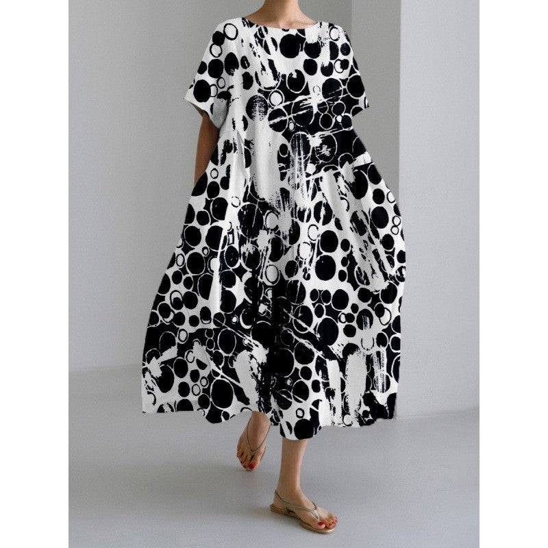 ANTMVS Cross-Border Summer New European and American Women's Clothing Loose round Neck Fashion Advanced Short Sleeve 3D Printing Dress